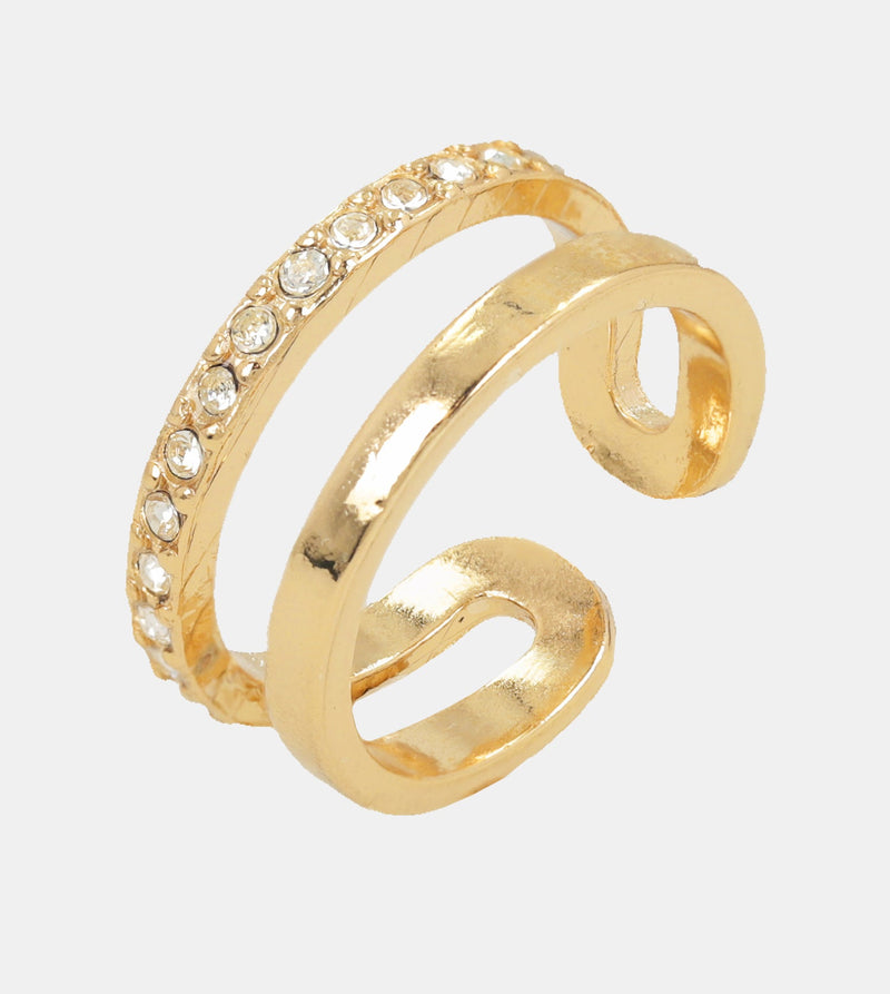 Gold plated double ring with rhinestones